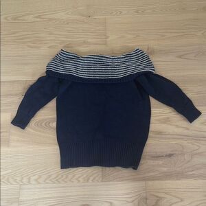LOFT Off-Shoulder Navy Sweater with Striped Neckline
